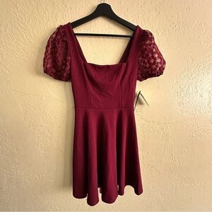 City Triangles Fit & Flare Deep Ruby Dress With Lace Puff-Sleeve, NWT, Size: 3